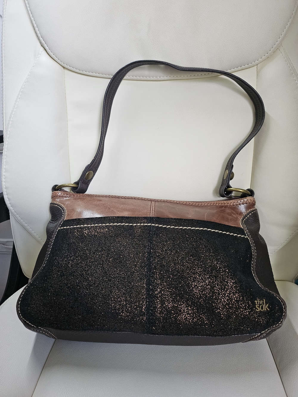 The Sak Iris Hobo Bag Teak Multi Leather Brown Metallic Bronze Accent Zip Pocket